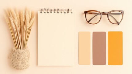 Flatlay of Beige and Brown Color Palette with Wheat and Notebook