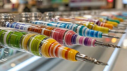 Colorful, handcrafted smoking pipes displayed on a glass shelf.