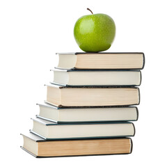 Green Apple on Stack of Books Education Learning Knowledge isolated on transparent background
