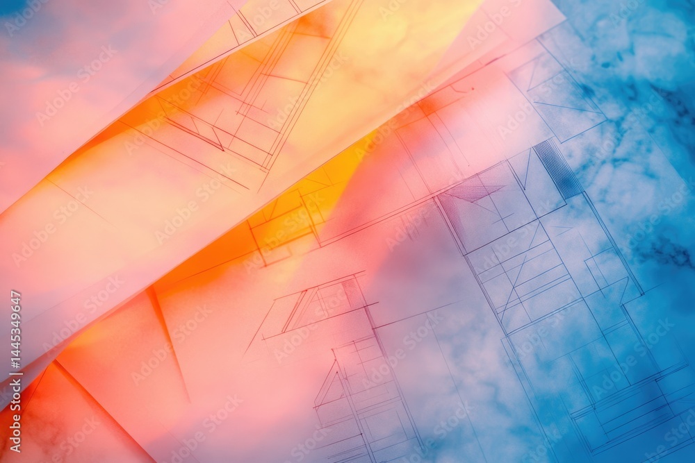 Poster architectural blueprints overlaid, creating an abstract design with warm and cool tones.