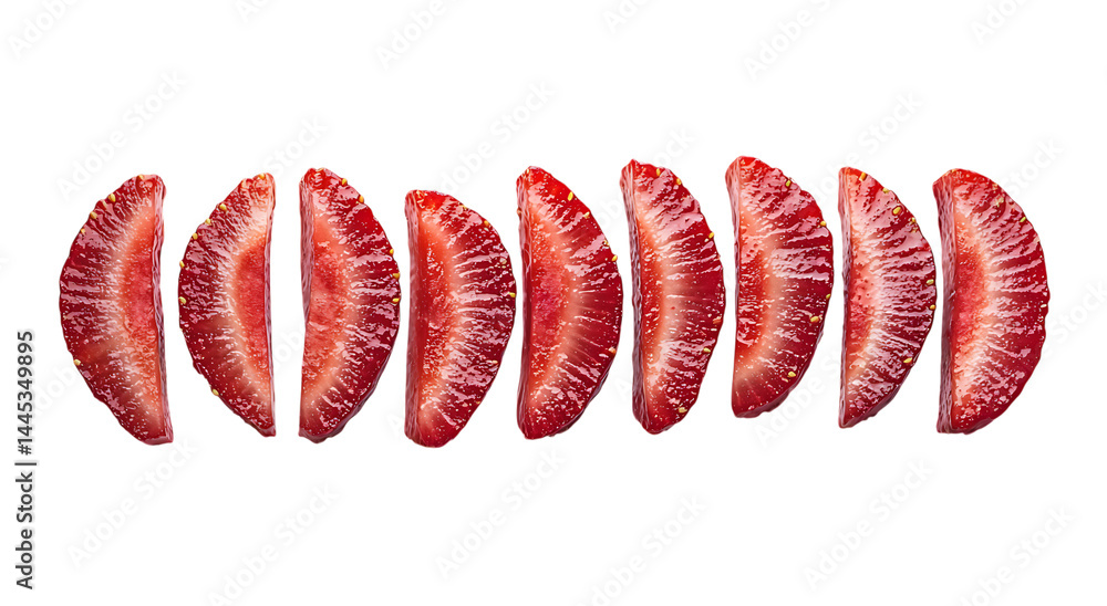 Poster seven strawberry slices arranged in a row against a trasparent background