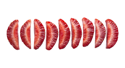 Seven strawberry slices arranged in a row against a trasparent background