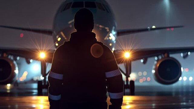 This Ground crew member prepares for jet departure during nighttime at a busy terminal runway area.