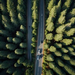 Aerial View of Cars Driving Through Lush Green Forest