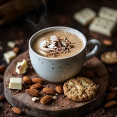 White chocolate coffee with almonds and cookies.
