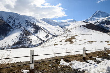 Mount Kazbek, one of the highest peaks of Caucasus mountain range, near the village of...