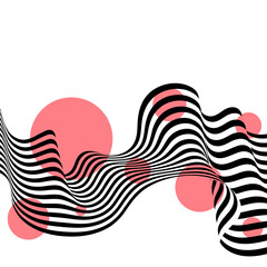 Abstract background of black and white wavy stripes with red circles on a white background. Illusion. Eps 10