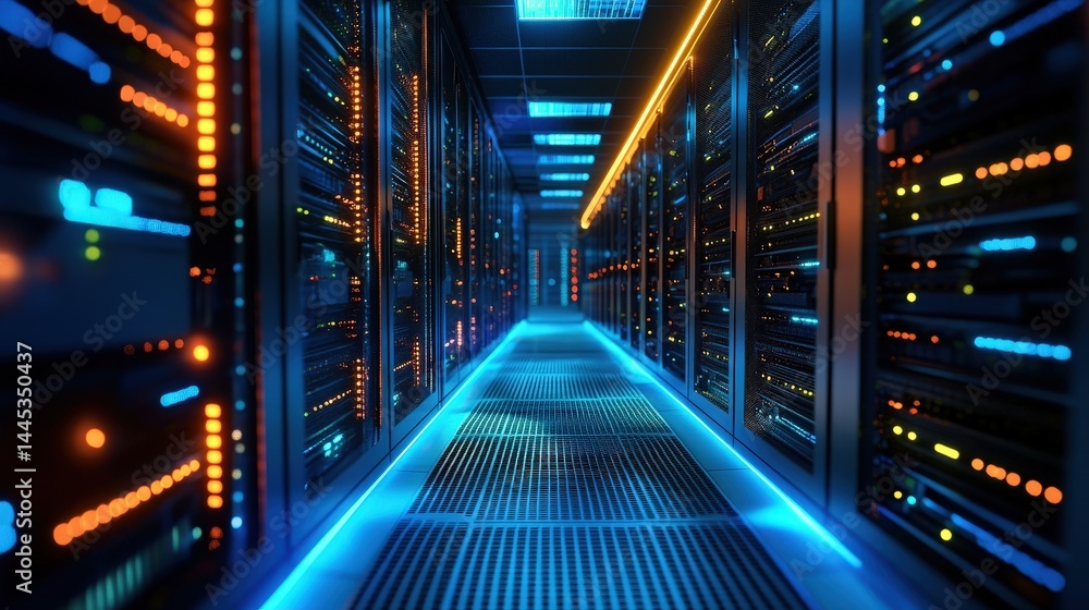 Poster a modern data center with illuminated cables and rapid data streams flowing between powerful servers