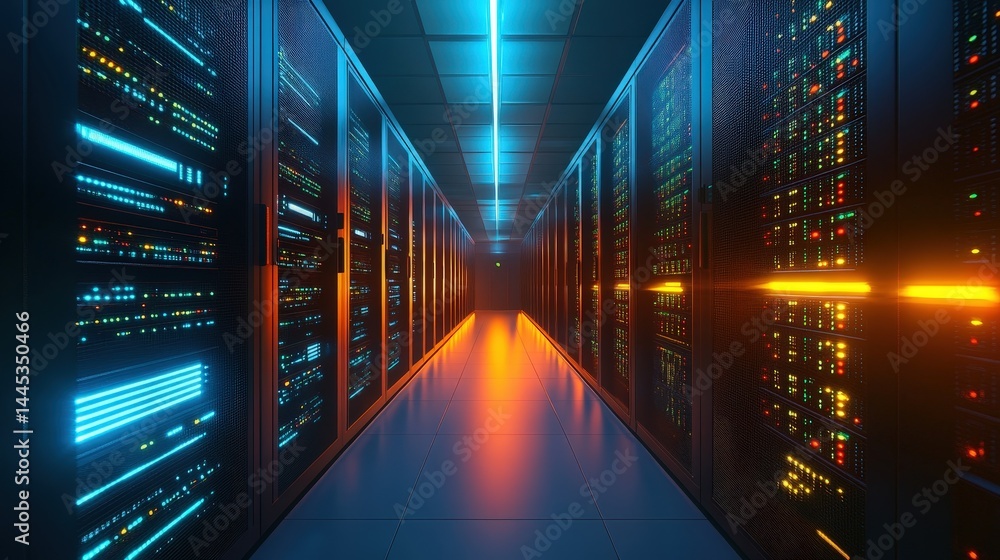 Poster a modern data center with illuminated cables and rapid data streams flowing between powerful servers