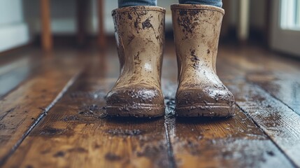 Muddy boots on wooden floor reflecting rainy day adventure