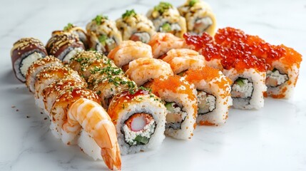 Sushi set on stone background, space for text.
