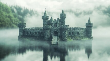 Obraz premium Stone Castle on Misty Lake