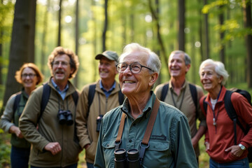 Fototapeta premium Active smiling senior women and men with binoculars in the forest. Traveling, hiking, walking, enjoying vacations and birdwatching. AI