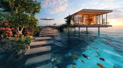 Obraz premium A serene overwater villa with a wooden pathway, surrounded by clear water and vibrant fish.