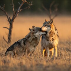 Pair of wolves interacting affectionately during golden hour in the wild.