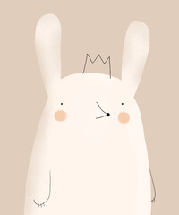 Cute White Rabbit In A Black Crown. White Bunny Portrait. Dream Gig. Vector Illustration Of Funny Rabbit on a Beige Background. Lovely Nursery Art With Bunny King. 