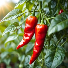 Sunlit Red Chili Peppers on the Vine