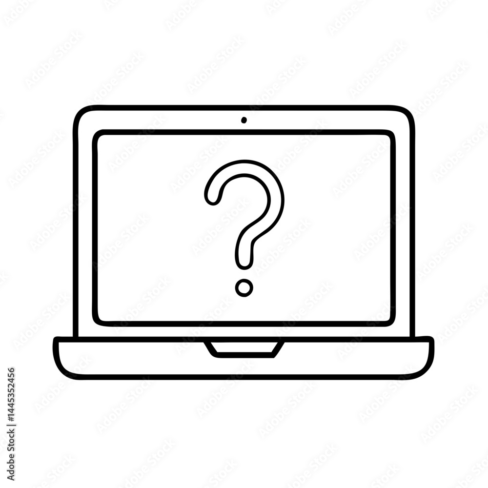 Poster laptop with question mark icon, laptop with question mark line art - simple line art of laptop with 