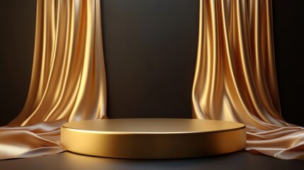 Luxurious golden stage with elegant drapes for prestigious events and exhibitions