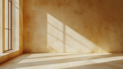 Sunlit minimalist room interior with soft shadows and large window