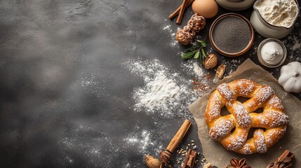 Fresh pretzels with sugar, seeds, and cinnamon. Cakes on the table.