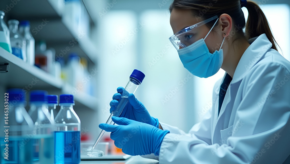 Poster laboratory chemist evaluating water purity check results employing ion chromatography and turbidity 
