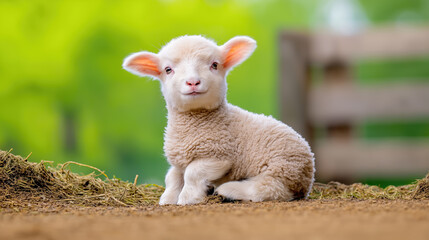 Obraz premium Cute lamb sitting on dry straw in a green pasture