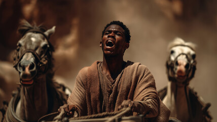 Fototapeta premium Young African man passionately driving horses through a dusty landscape