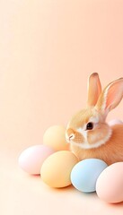 An adorable light brown bunny rests amidst pastel-colored Easter eggs against a soft peach background