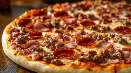 meat lovers pizza with pepperoni, sausage, bacon, and ham, generously topped with cheese