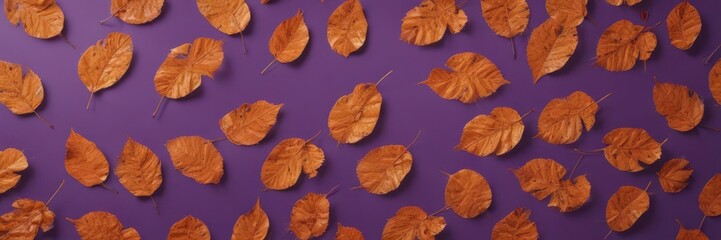 Fototapeta premium Intricate dry orange leaves, violet backdrop Geometric leaf arrangement, autumnal texture , orange leaves, illustration