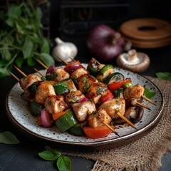 Wood-fired chicken, mushrooms, and vegetable kebabs