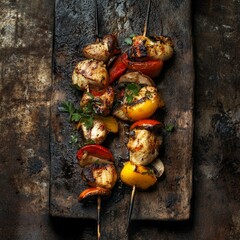 Chicken kebabs with veggies and mushrooms on wood.