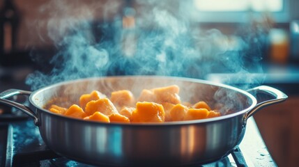 Cooking butternut on wooden surface.