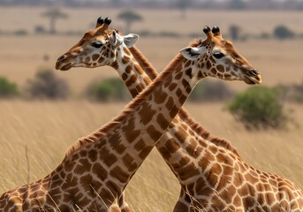 Obraz premium Two Giraffes Intertwined in a Savanna Setting. Generative Ai