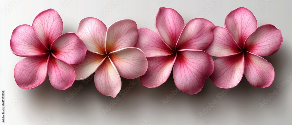 Poster four pink flowers arranged in a row against a light gray background. soft petals with subtle shading