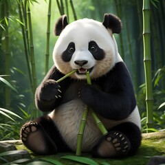 Obraz premium Adorable Baby Panda Eating Bamboo in Lush Forest