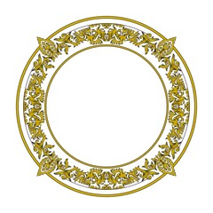 Circular golden frame with floral ornament containing with vintage shape and complicated shape