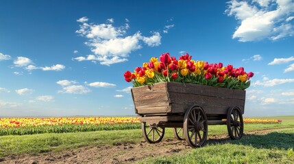 A wooden cart filled with colorful tulips in a vibrant field under a blue sky.