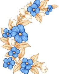 Delicate floral arrangement of blue and white blossoms on a beige vine, curving gracefully