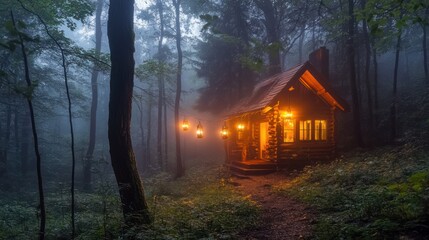 A cozy cabin illuminated by lanterns in a misty forest setting.