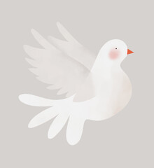 A Peaceful White Hand Drawn Pigeon on a Soft Gray Background. Peace Symbol. Cute Infantile Style Flying White Dove Ideal For Children's Decor, Symbolic Design Projects.