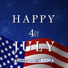 Happy 4th of July background with US national flag, fireworks and stars.