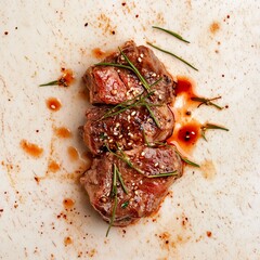 Spiced, grilled raw beef. Top view with copy space. Single piece.