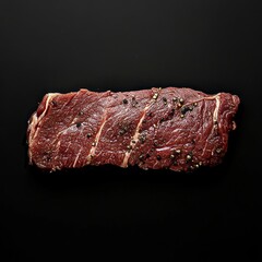 Raw beef steak, spiced and grilled. Meat piece, top view, copy space.