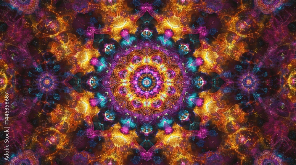 Poster mesmerizing kaleidoscope pattern with symmetrical colorful fractal designs, creating a hypnotic visu