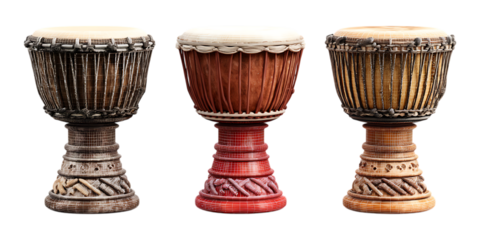 Set of Three Djembe Drum Poses on Transparent Background for Music Education, African Culture Art, or Performance Design