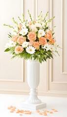 Elegant peach and white floral arrangement in a tall urn, accented with greenery,  scattered petals at base