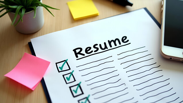 Overhead shot featuring printed resume checklist next to smartphone sticky notes highlighter illustrating structured documentation requirements for professional job applications in  Photo Stock  Conce