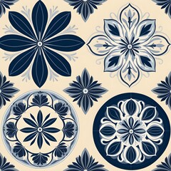 Seamless Blue and Cream Floral Pattern